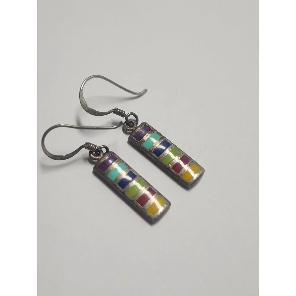 Sterling Silver Multicolor Inlay Bar Drop Earrings - Women Jewelry